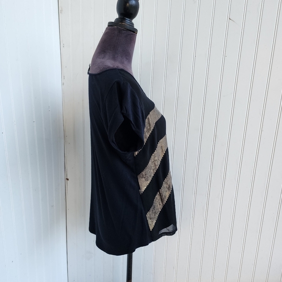 Express Women's Top  Black Navy Blue Silver  Sequins Stretch Back Striped Sz M - Picture 4 of 9